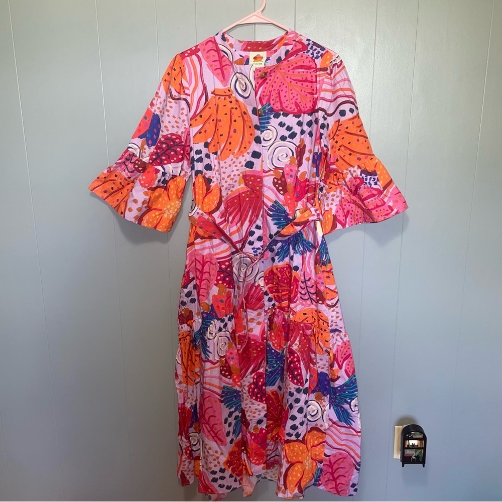 FARM RIO Botanical Print Belted Mid Dress Large - Picture 2 of 8